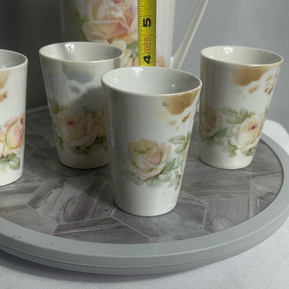Vintage Three Crown China Rose Pitcher & 4 Cup Set Germany Gold Trim 1920's - Picture 3 of 10